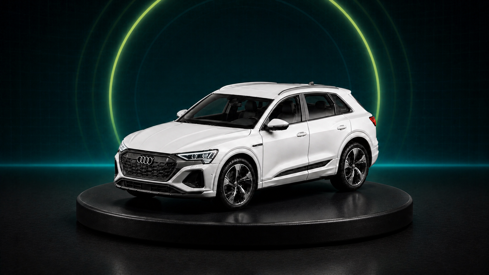 Maket estetiğinde beyaz 2025 Audi Q8 55 e-tron