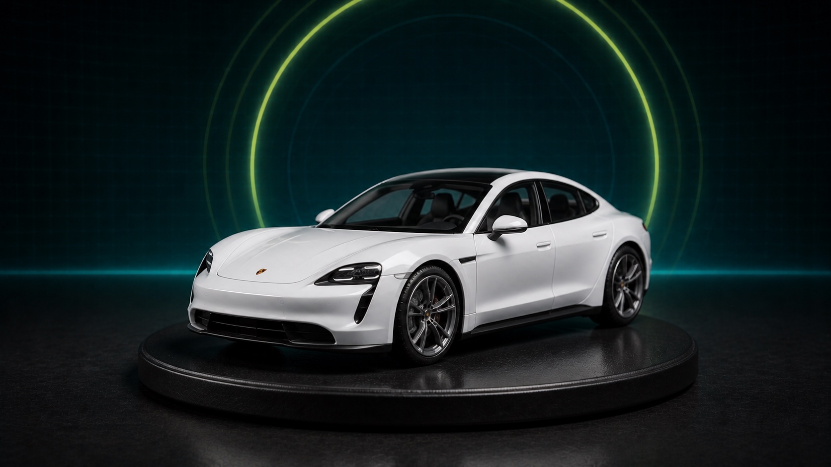 Maket estetiğinde beyaz Porsche Taycan elektrikli otomobil