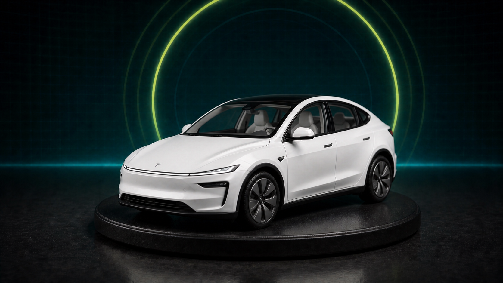 Maket estetiğinde beyaz 2025 Tesla Model Y Juniper elektrikli otomobil